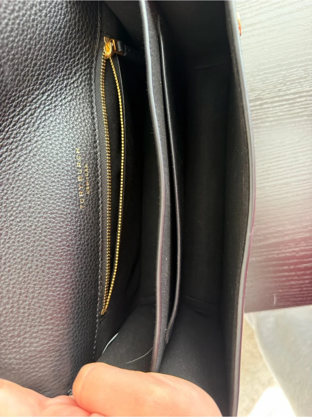 Tory Burch Black Leather Shoulder Bag with Gold Logo and Chain